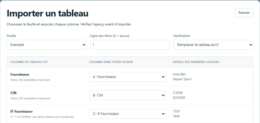 Importer — mêmes titres, colonnes reconnues automatiquement