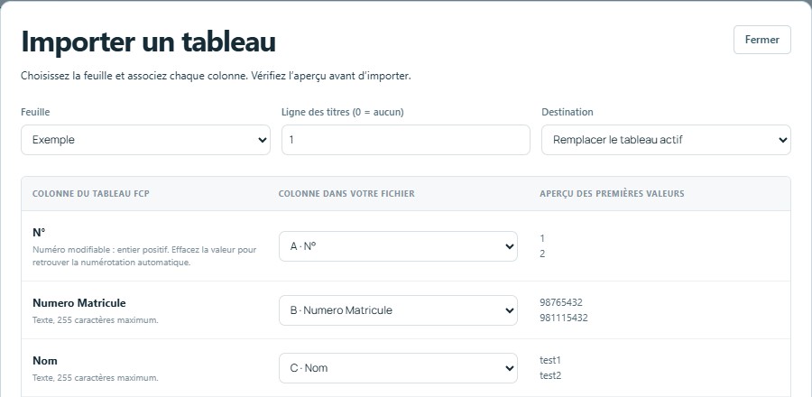 Importer — mêmes titres, colonnes reconnues automatiquement