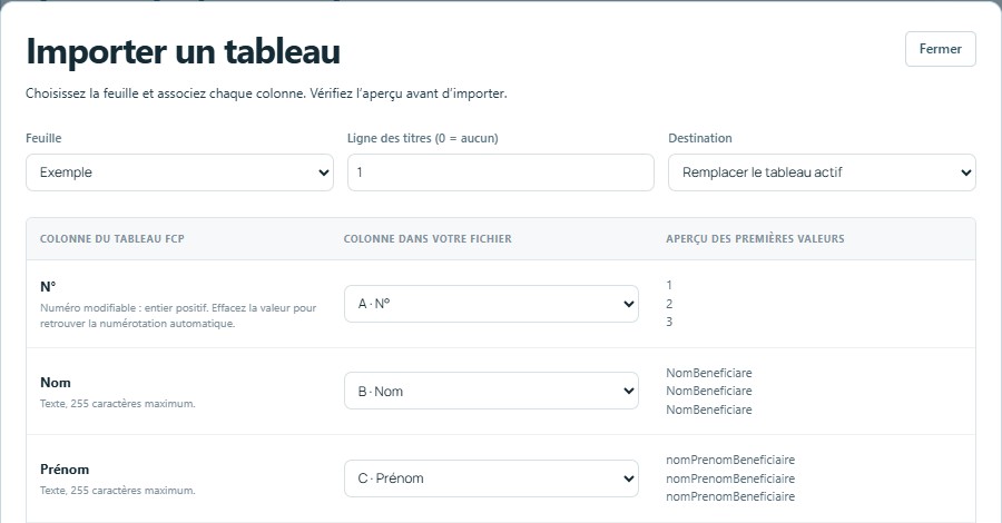Importer — mêmes titres, colonnes reconnues automatiquement