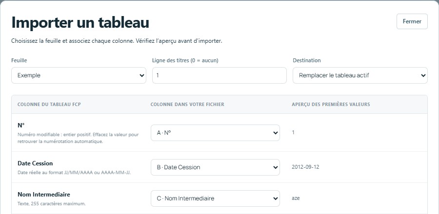 Importer — mêmes titres, colonnes reconnues automatiquement