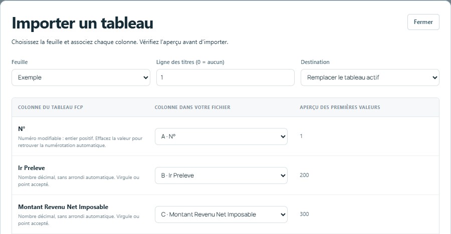 Importer — mêmes titres, colonnes reconnues automatiquement