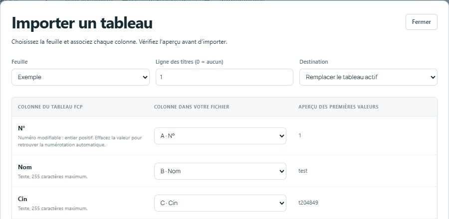 Importer — mêmes titres, colonnes reconnues automatiquement