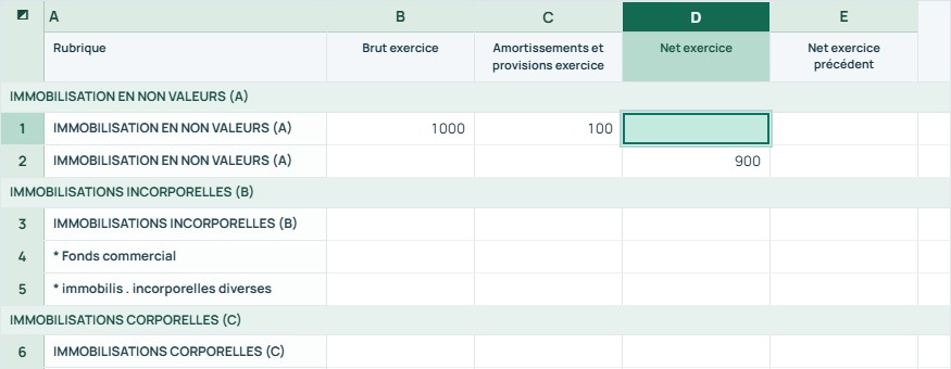 Exemple — T1 · Actif — IMMOBILISATION EN NON VALEURS (A)