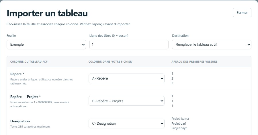Importer — mêmes titres, colonnes reconnues automatiquement