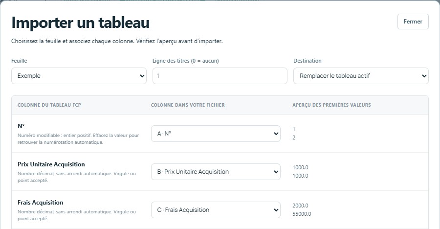 Importer — mêmes titres, colonnes reconnues automatiquement