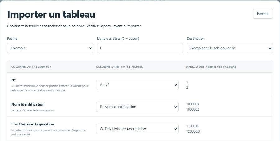 Importer — mêmes titres, colonnes reconnues automatiquement