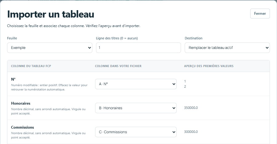 Importer — mêmes titres, colonnes reconnues automatiquement