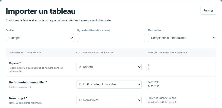 Importer — mêmes titres, colonnes reconnues automatiquement