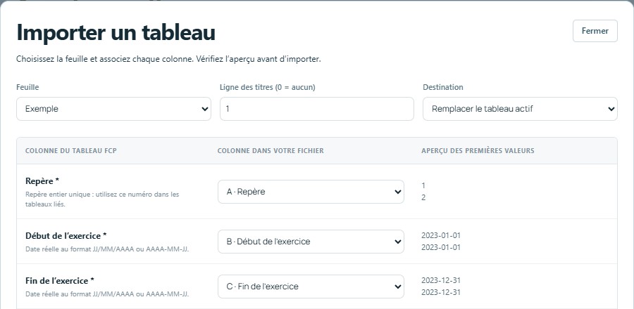 Importer — mêmes titres, colonnes reconnues automatiquement