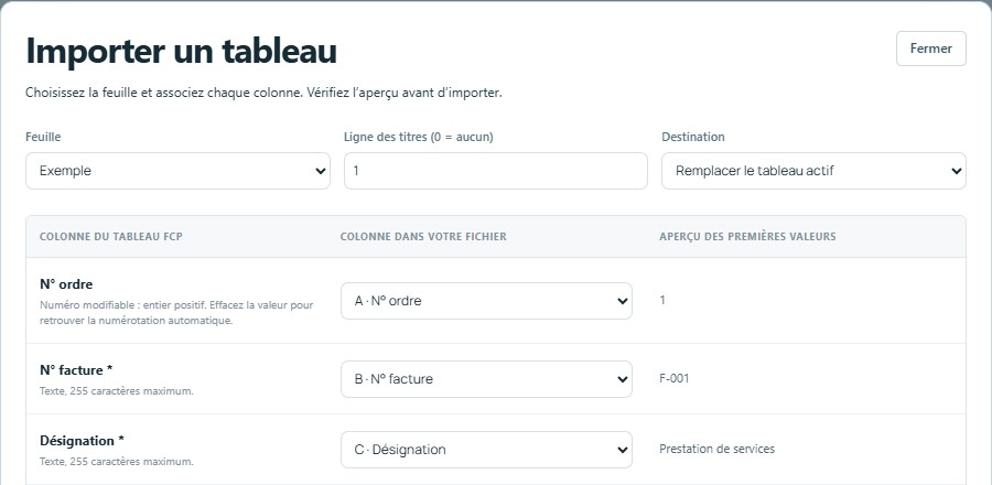 Importer — mêmes titres, colonnes reconnues automatiquement