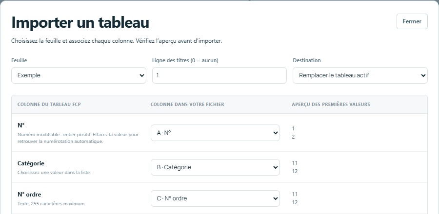 Importer — mêmes titres, colonnes reconnues automatiquement