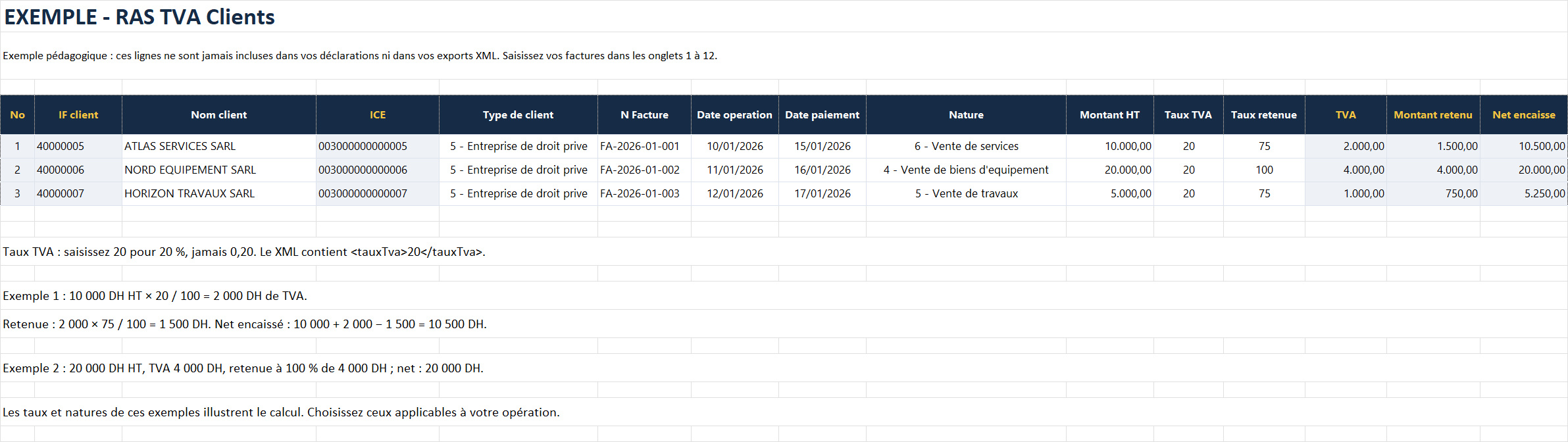RAS TVA Clients - Exemple de calcul de la retenue